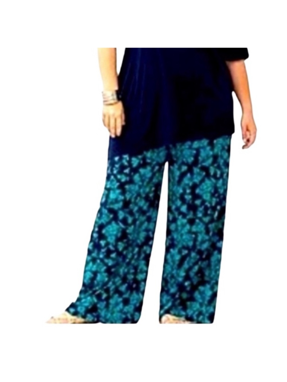 LANE BRYANT Navy Turquoise Palazzo Pants sz 1 (14-16) Casual Career lightweight